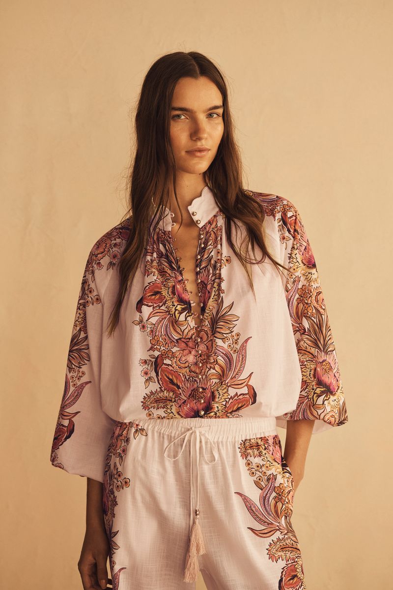 Elysian Collective Aur Ocea Bel Fiore Trellis Scallop Billow Sleeve Blouse