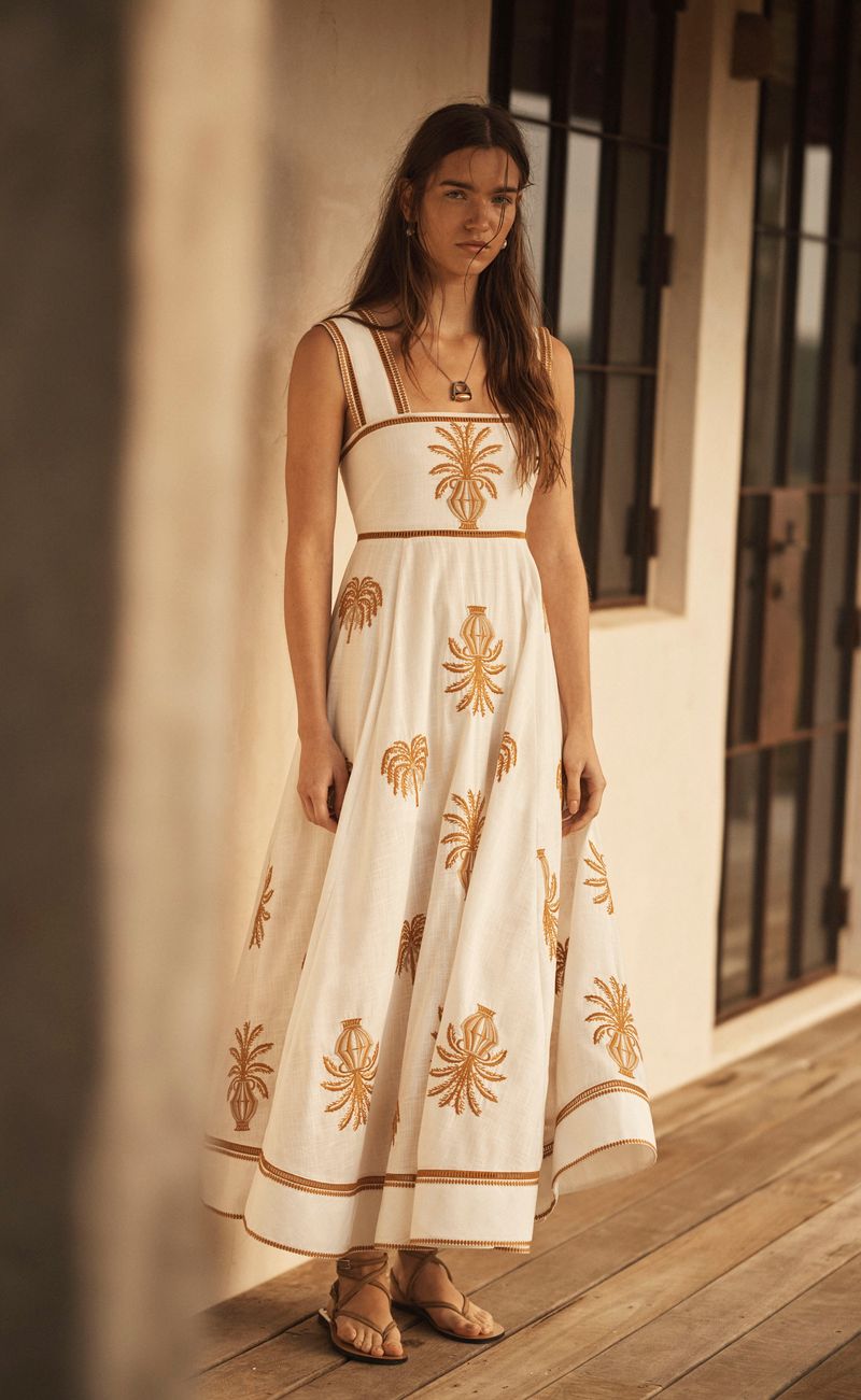 Elysian Collective Aur Ocea Palma Dalla Palma Embroidered Empire Maxi Dress