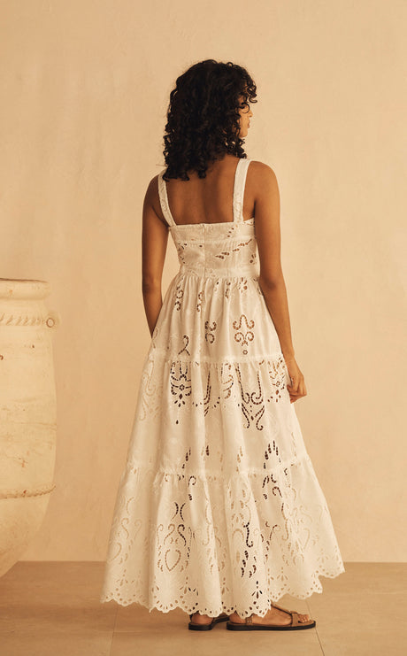 Elysian Collective Aur Ocea Merletti Lace Panelled Maxi Dress White