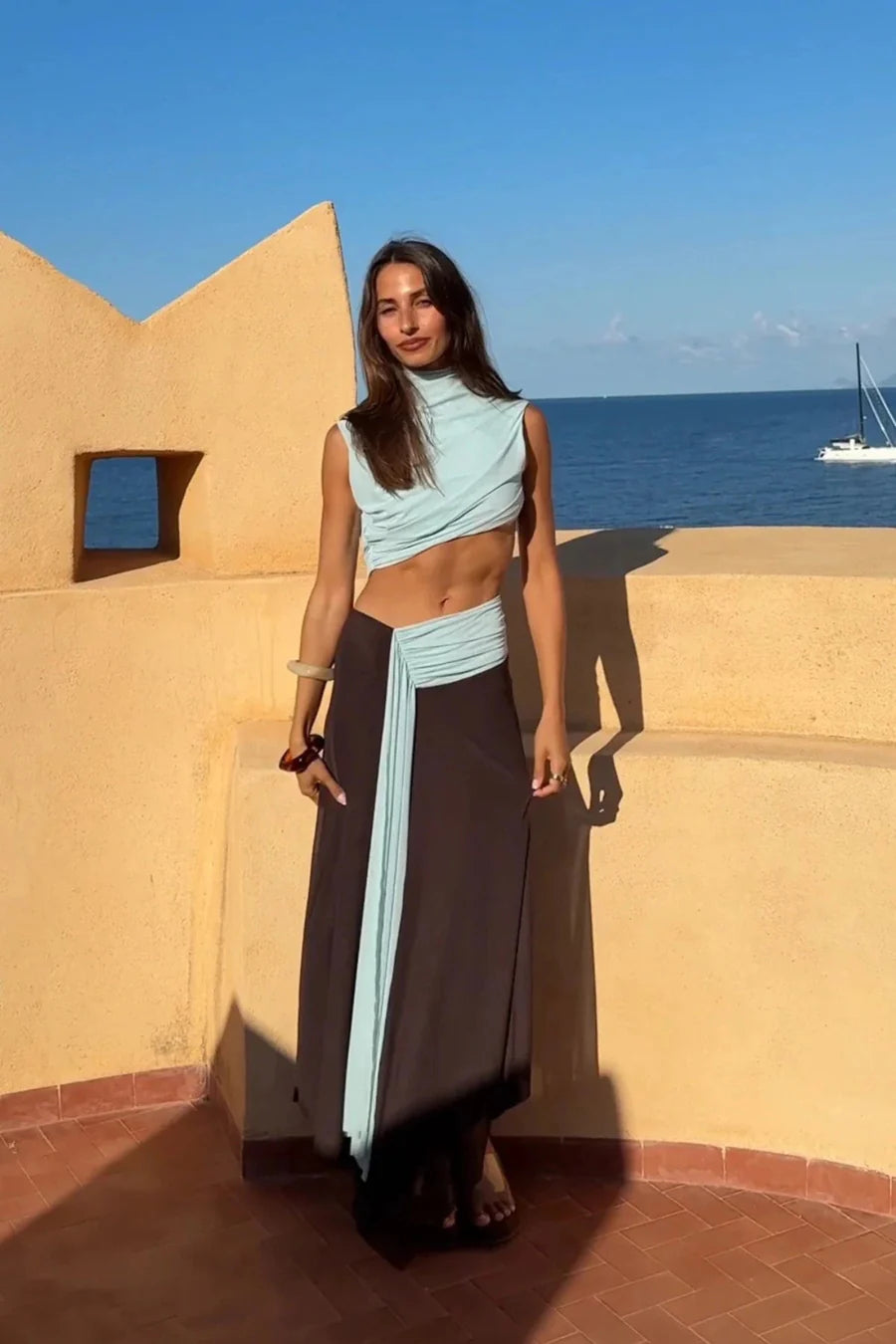 Elysian Collective Bec + Bridge Conni Asym Midi Dress Artic Blue Dark Chocolate