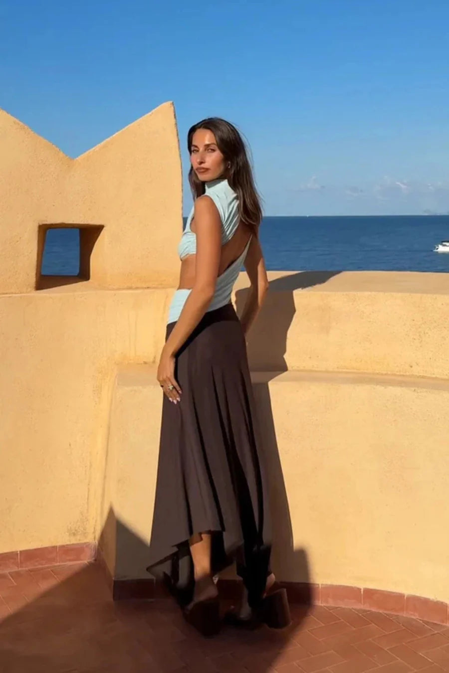 Elysian Collective Bec + Bridge Conni Asym Midi Dress Artic Blue Dark Chocolate