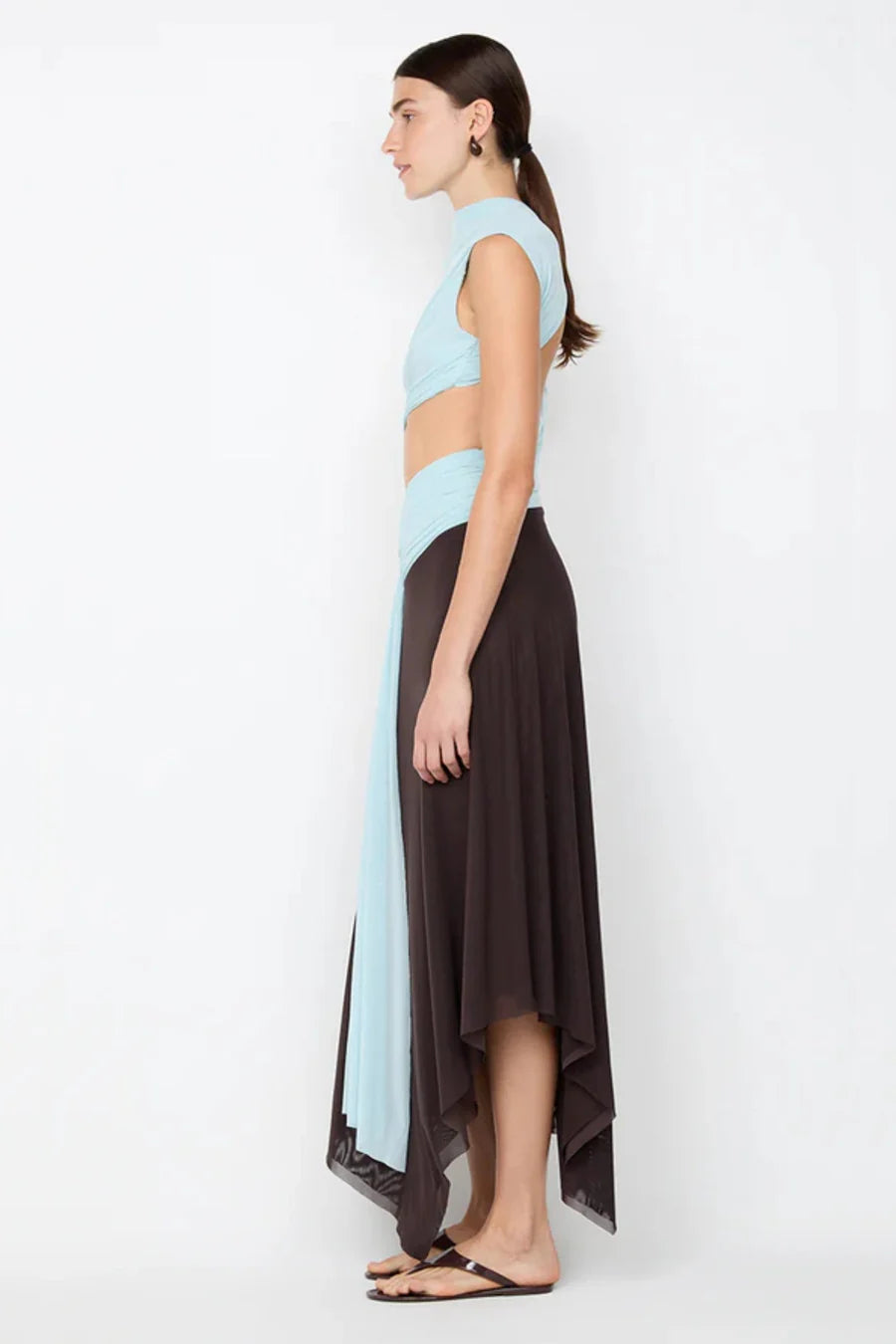Elysian Collective Bec + Bridge Conni Asym Midi Dress Artic Blue Dark Chocolate