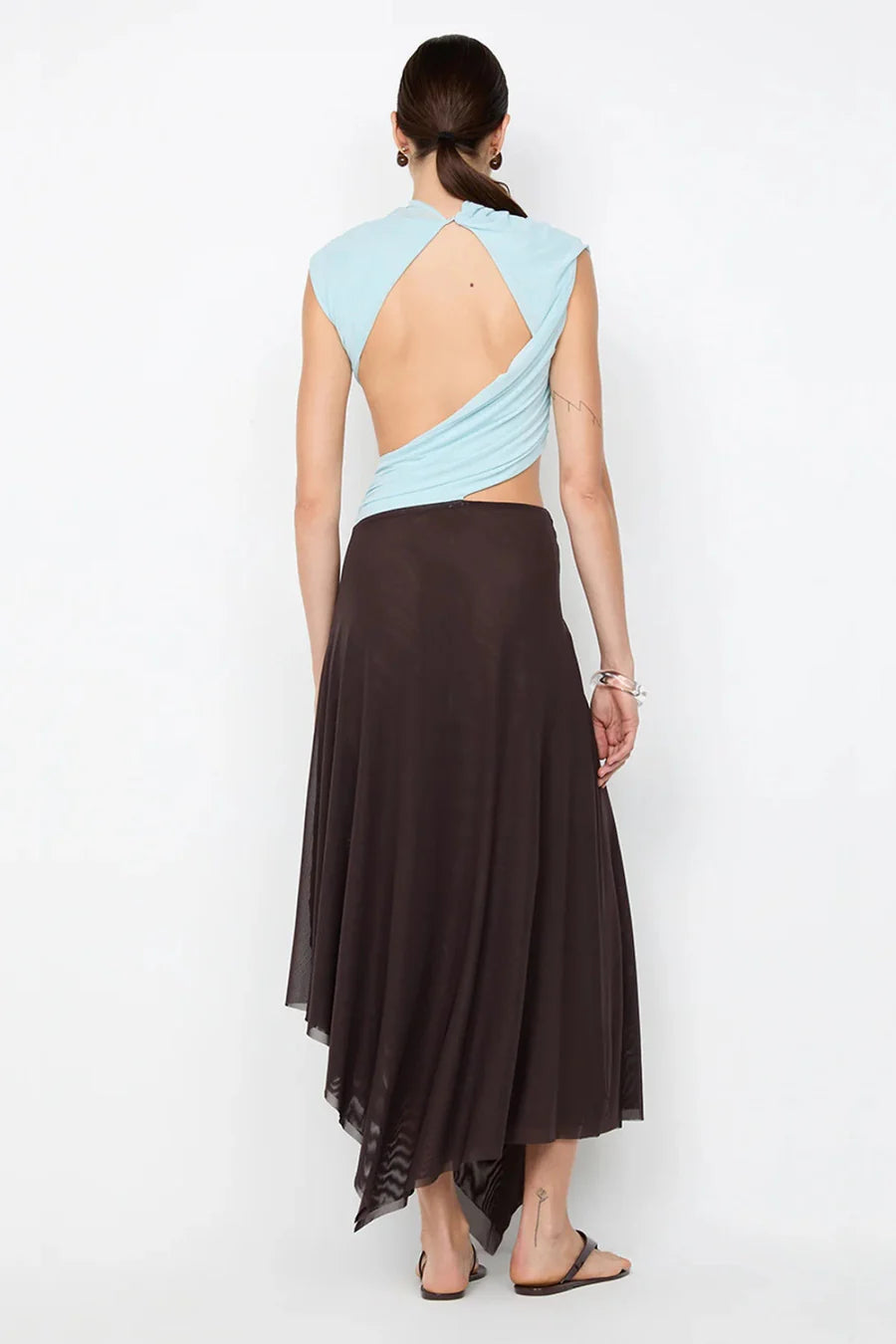 Elysian Collective Bec + Bridge Conni Asym Midi Dress Artic Blue Dark Chocolate