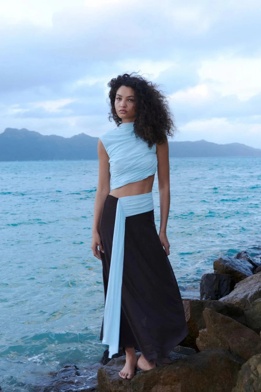 Elysian Collective Bec + Bridge Conni Asym Midi Dress Artic Blue Dark Chocolate