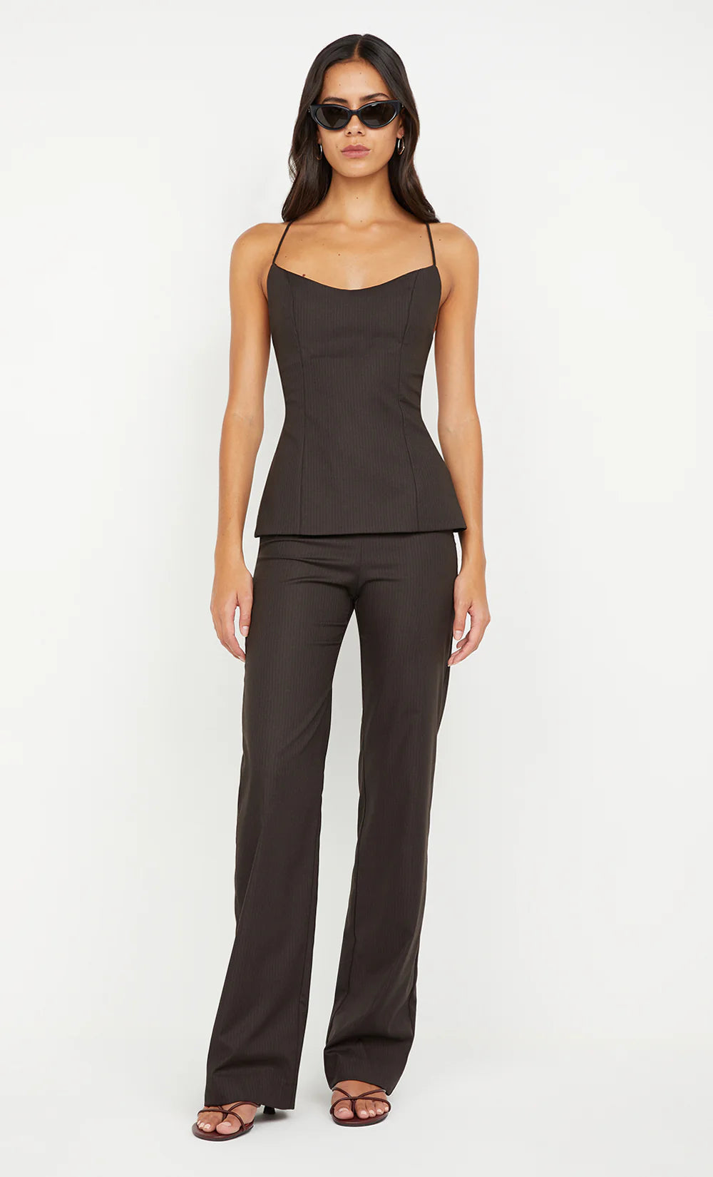 Elysian Collective Bec and Bridge Ingrid Tie Top Choc Pinstripe