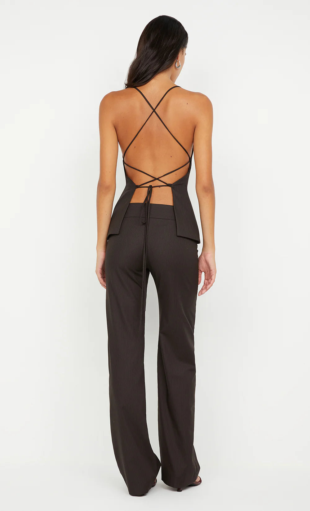 Elysian Collective Bec and Bridge Ingrid Tie Top Choc Pinstripe