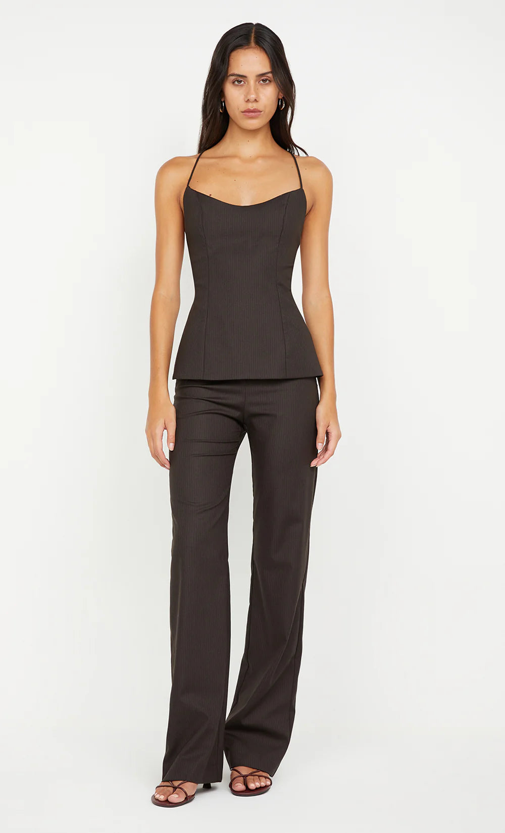 Elysian Collective Bec and Bridge Ingrid Tie Top Choc Pinstripe