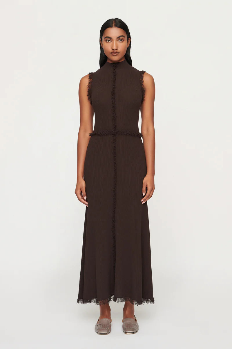 Clea Avalon Fringe Knit Dress In Chocolate, Size L