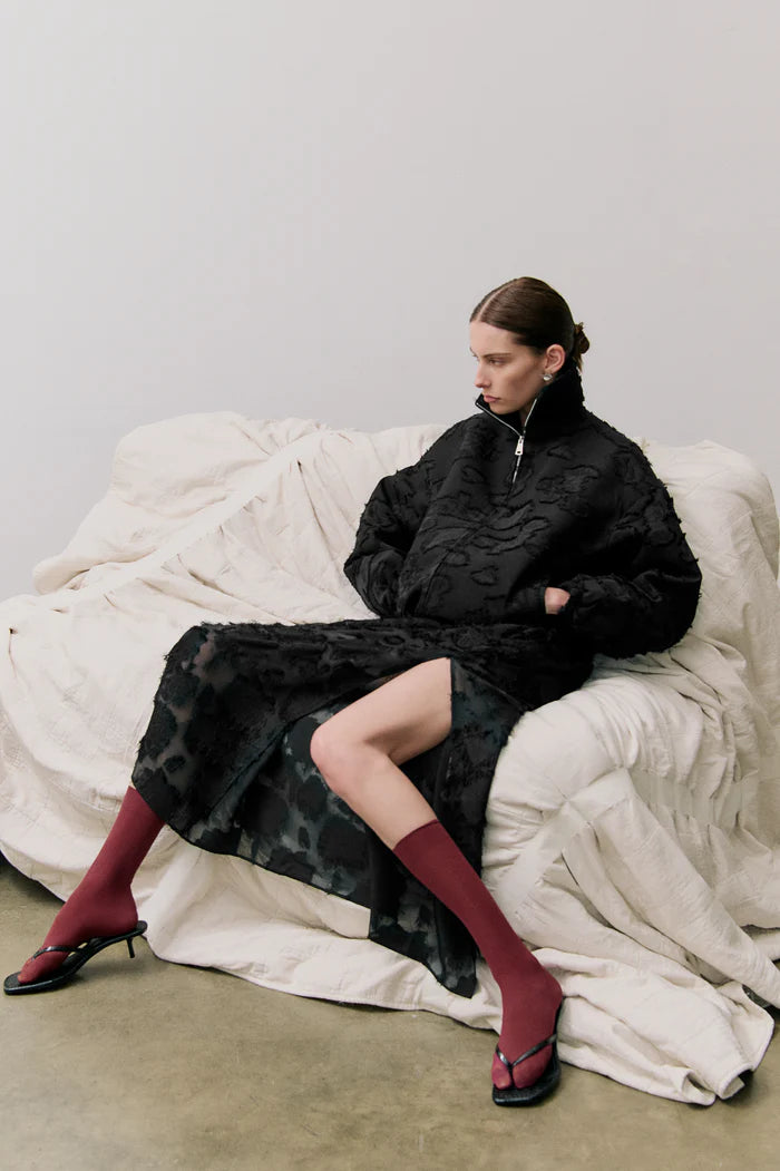 Elysian Collective Clea Valor Bomber Jacket Black Clipped Jacquard