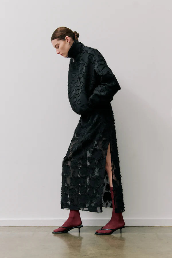 Elysian Collective Clea Valor Bomber Jacket Black Clipped Jacquard