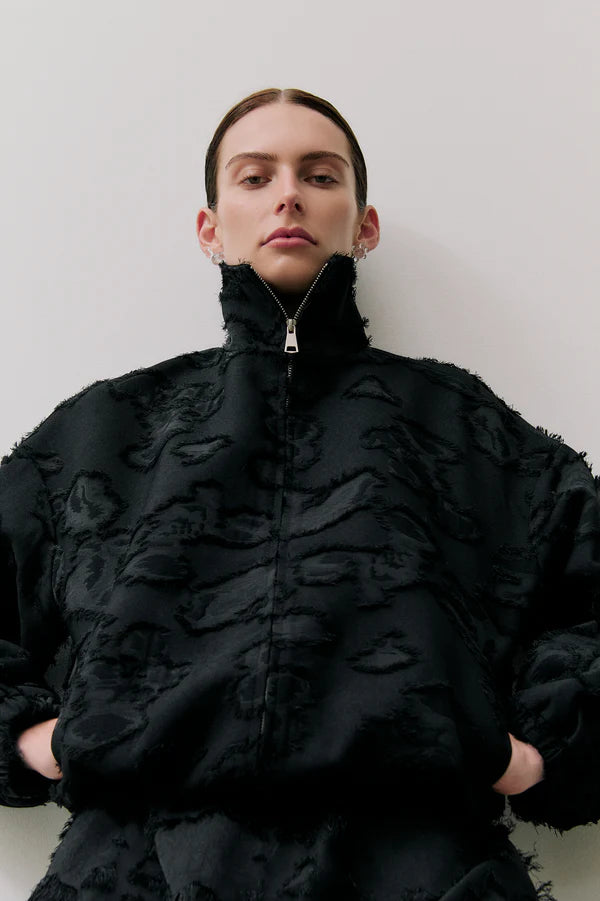 Elysian Collective Clea Valor Bomber Jacket Black Clipped Jacquard