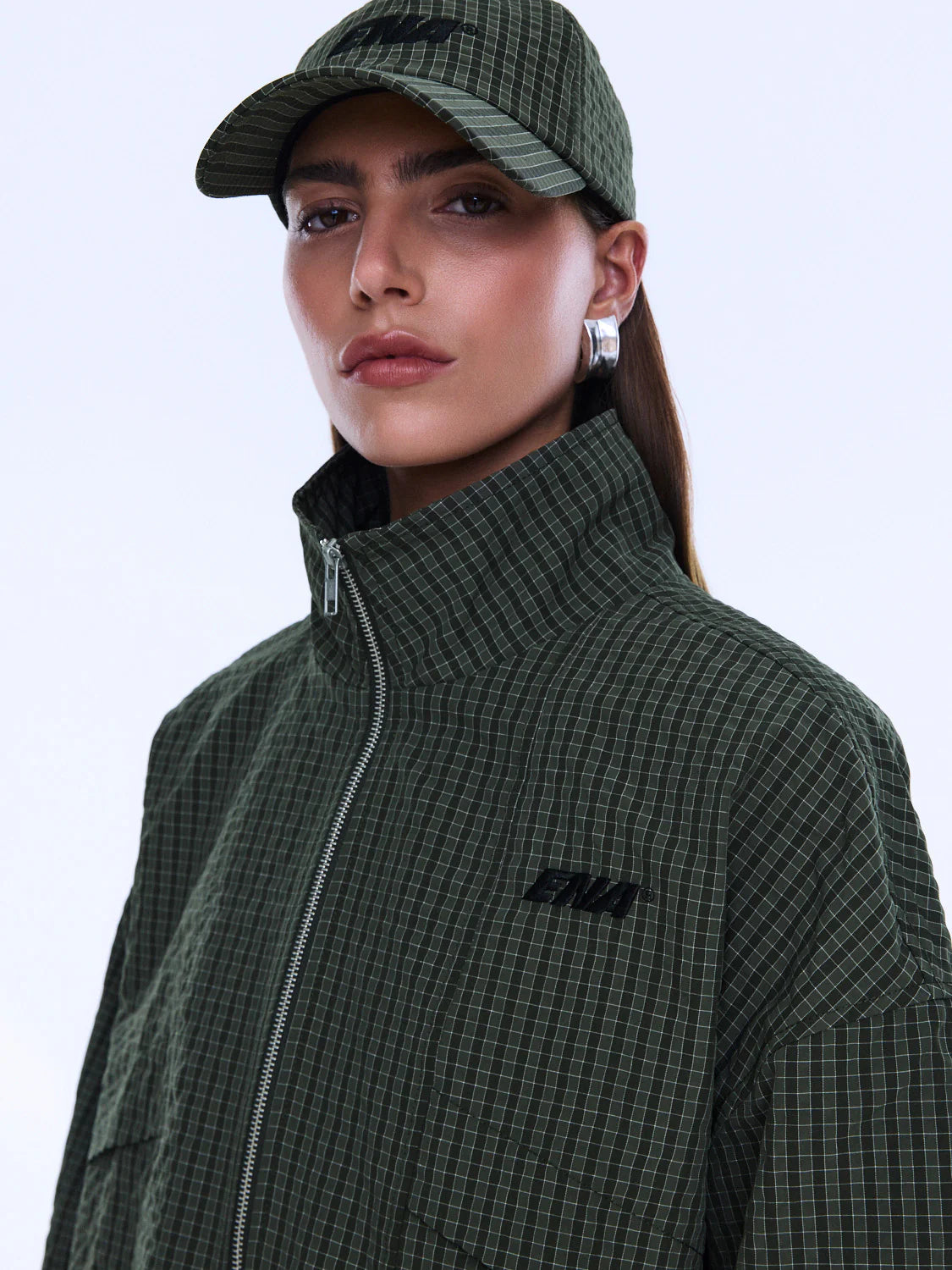 Elysian Collective Ena Pelly Fallon Zip Through Jacket Olive Check