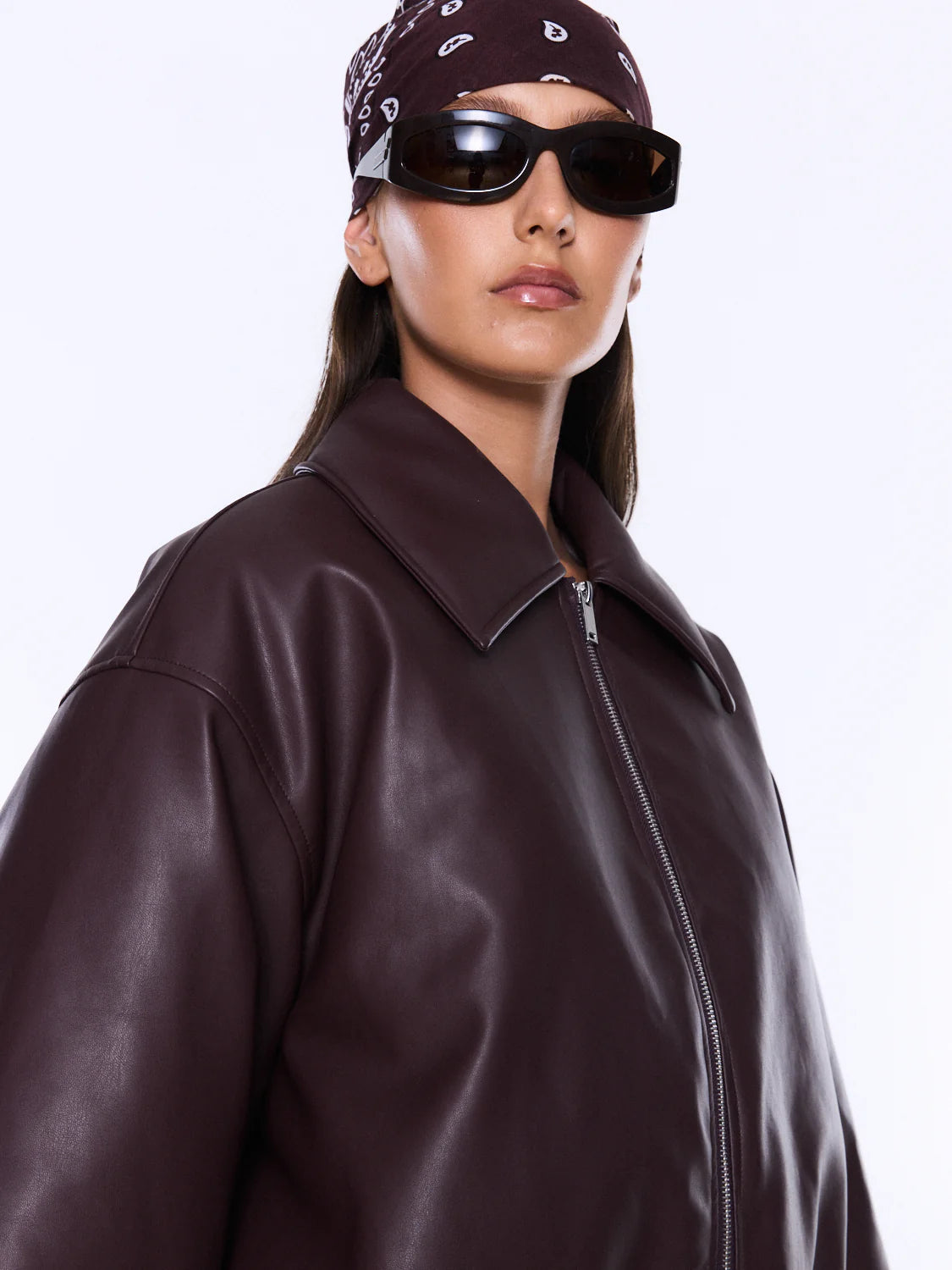 Elysian Collective Ena Pelly Monroe Faux Leather Bomber Jacket Burgundy
