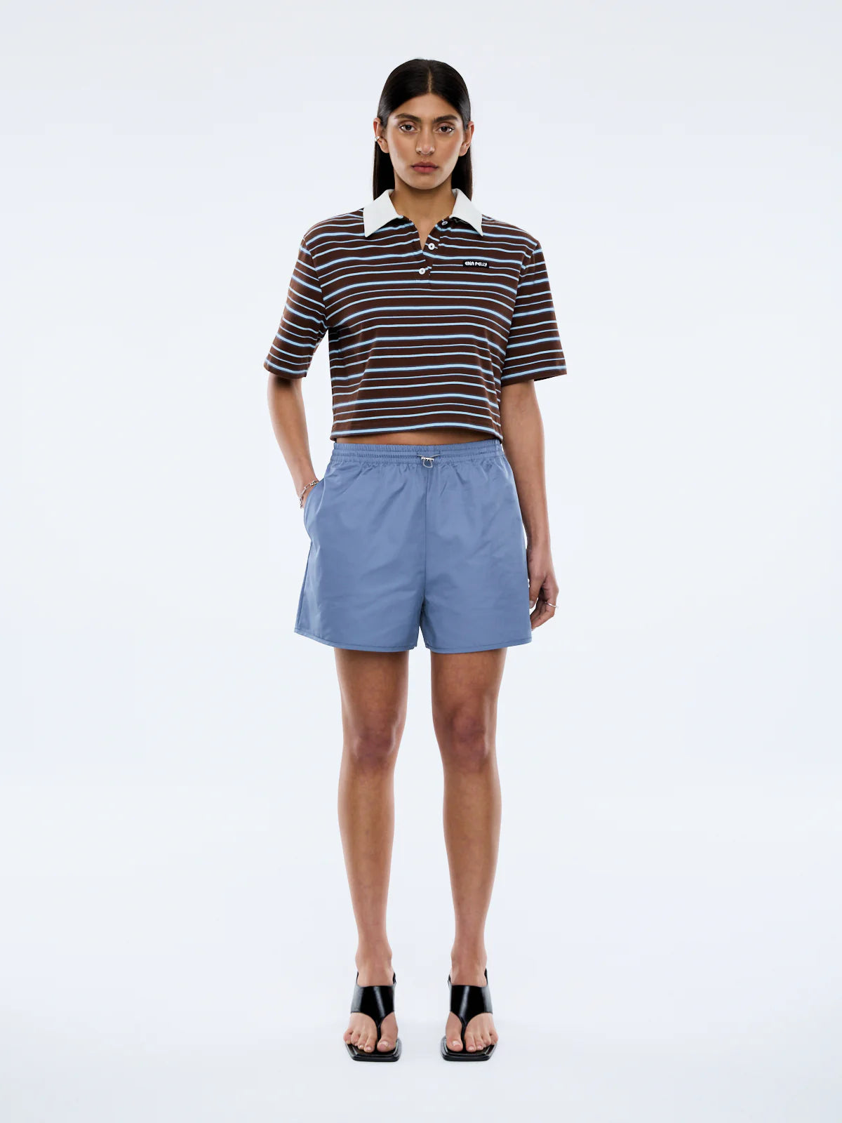 Elysian Collective Ena Pelly Violet Short Sleeve Polo Blue Choc Stripe
