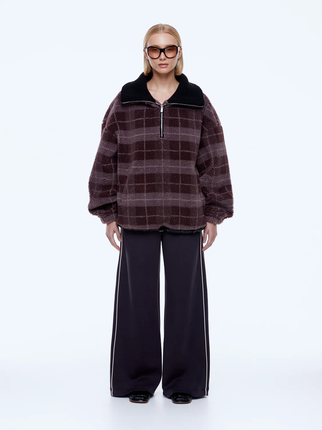 Elysian Collective Ena Pelly Winnie Quarter Zip Burgundy Plaid