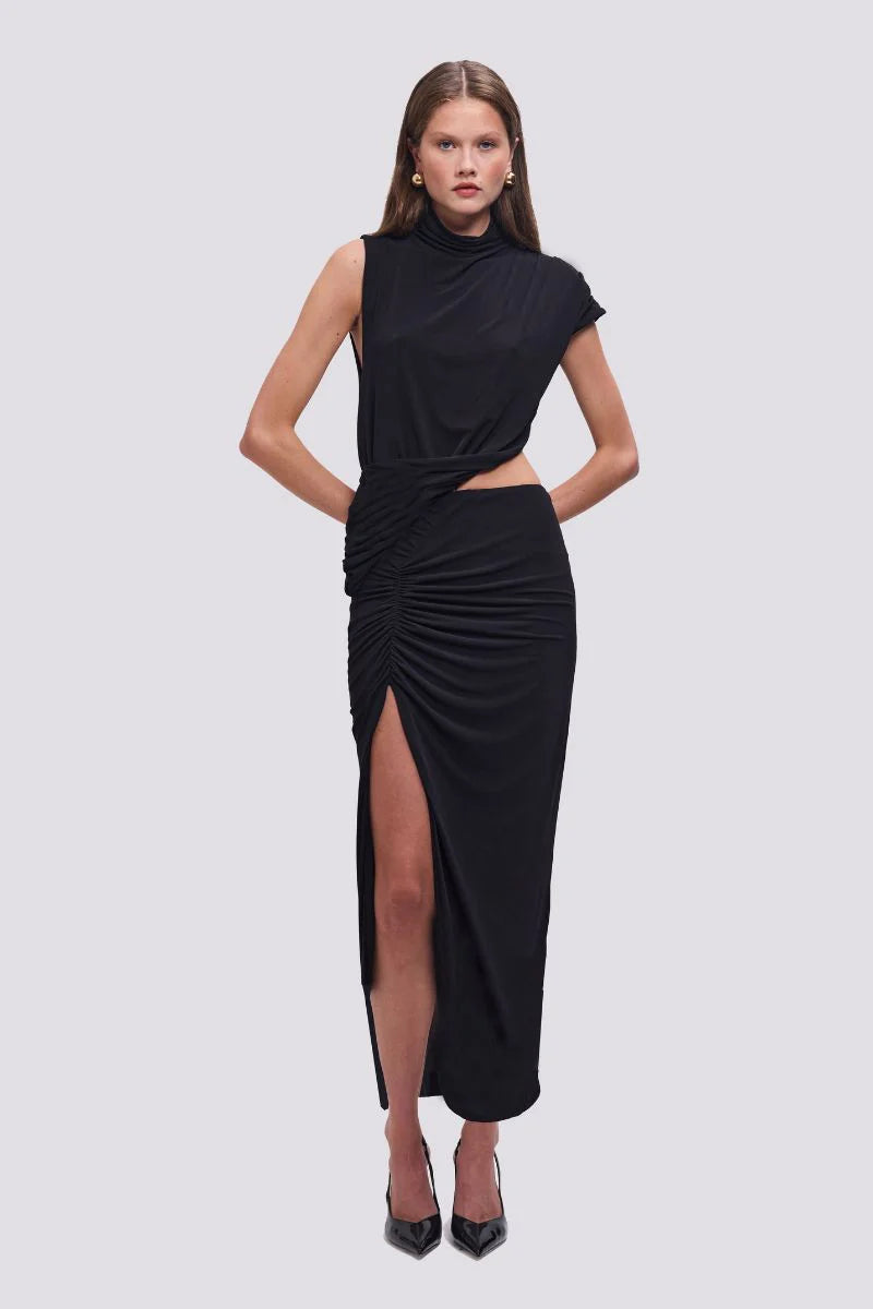 Elysian Collective Suboo Kaykay Draped Cut Out Asymmetrical Maxi Dress Black