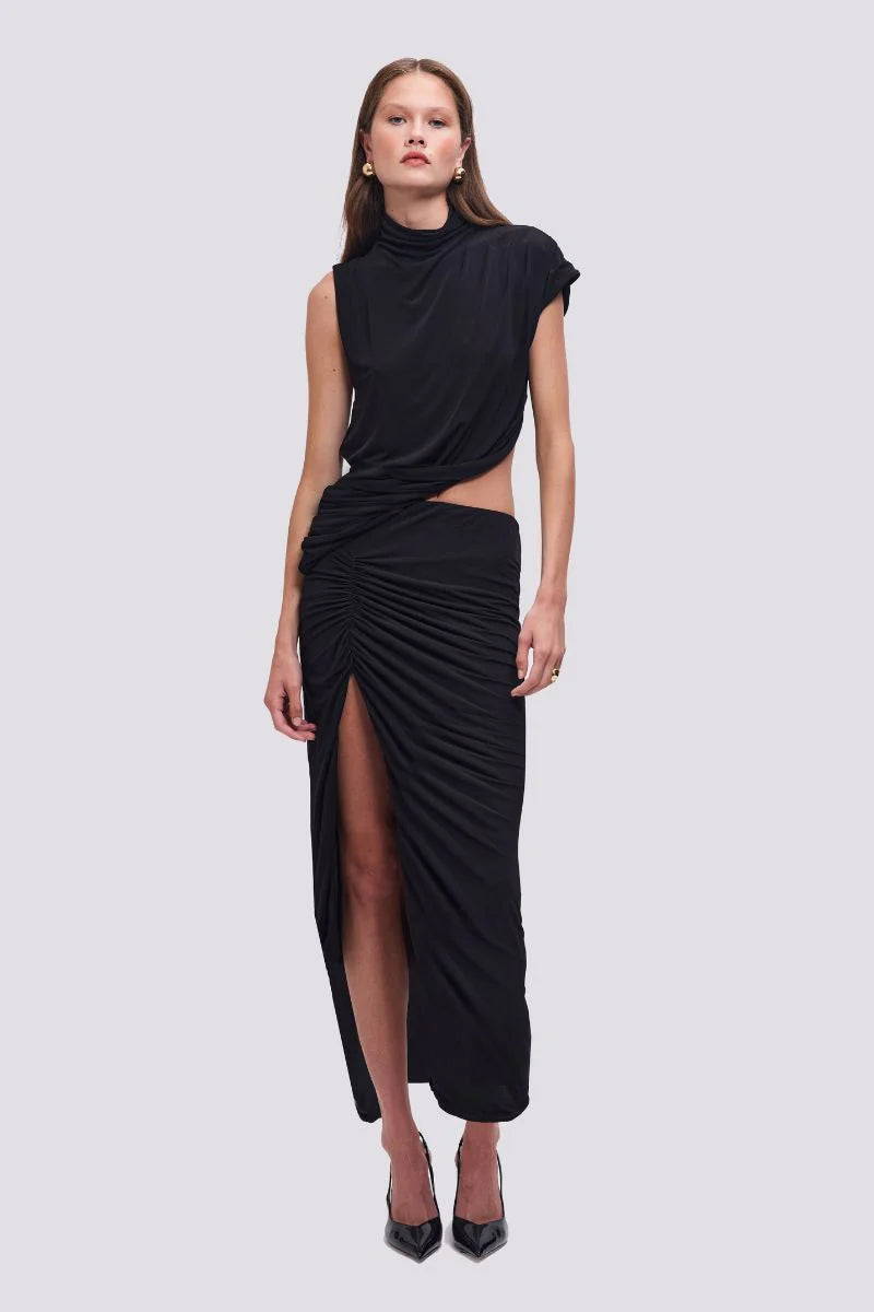 Elysian Collective Suboo Kaykay Draped Cut Out Asymmetrical Maxi Dress Black