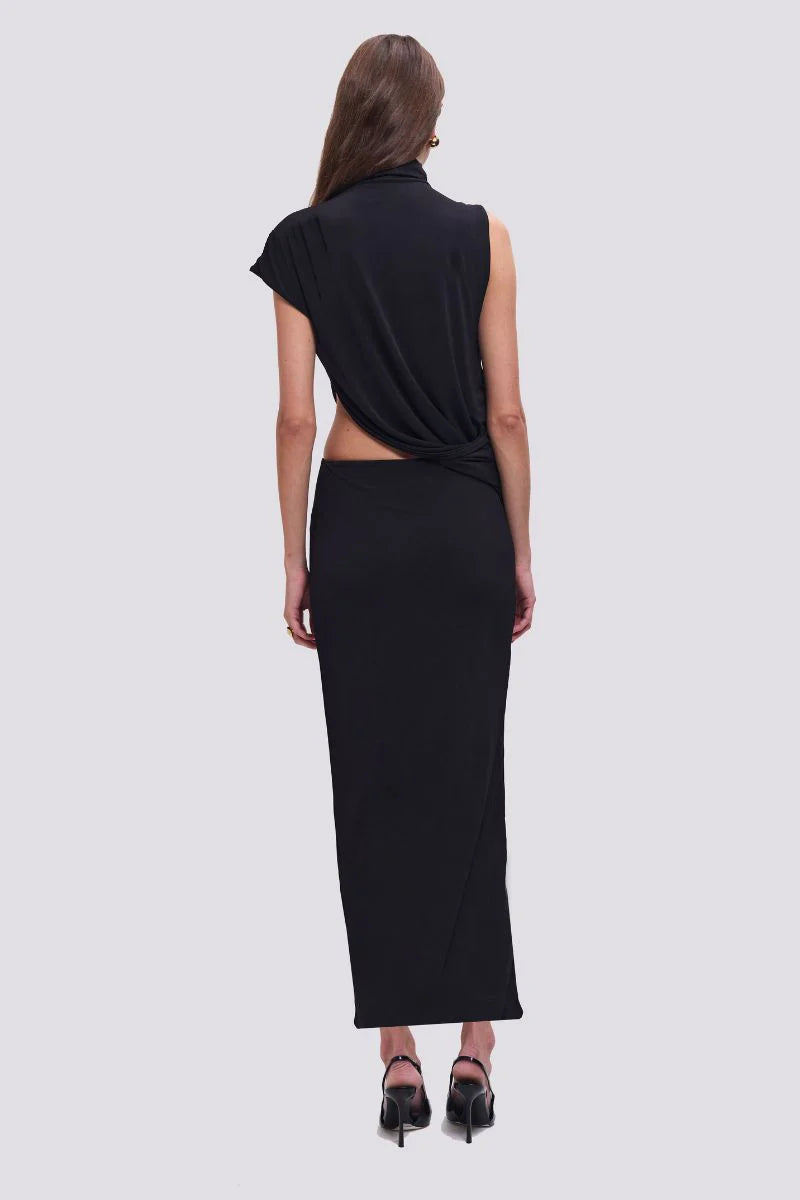 Elysian Collective Suboo Kaykay Draped Cut Out Asymmetrical Maxi Dress Black