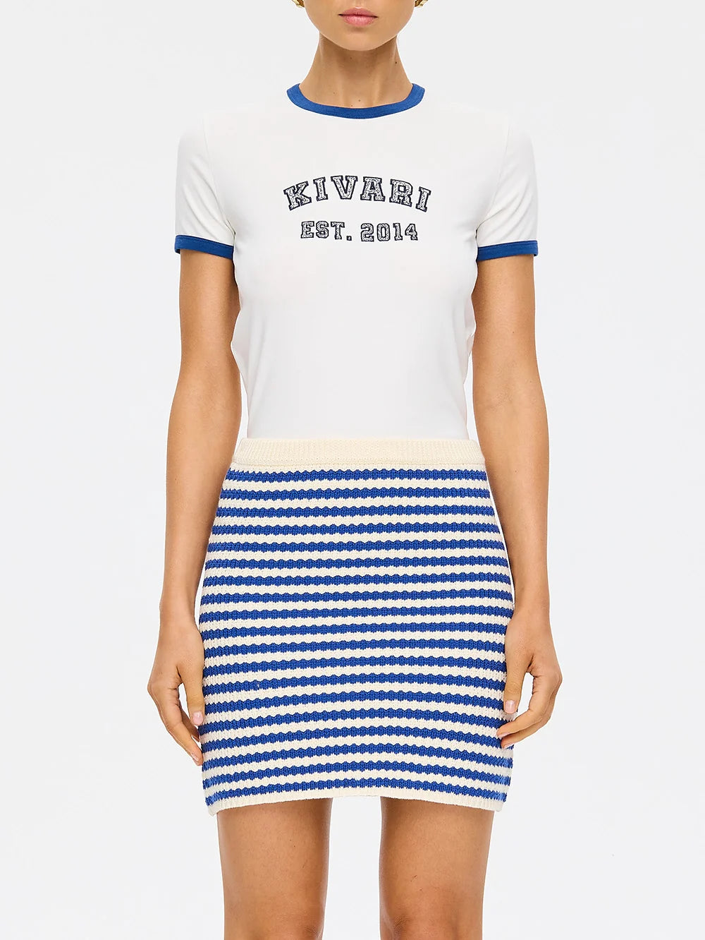 Elysian Collective Kivari Corrine Knit Mini Skirt Blue Cream Stripe