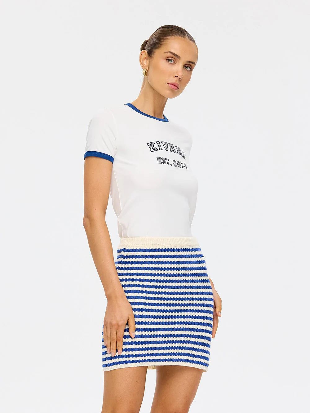 Elysian Collective Kivari Corrine Knit Mini Skirt Blue Cream Stripe