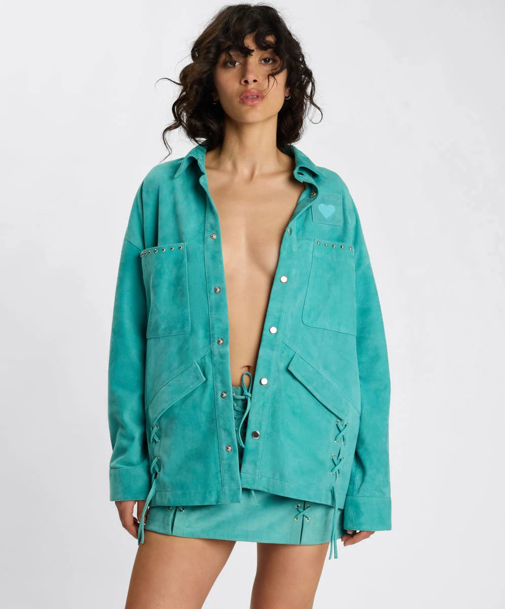 Elysian Collective One Teaspoon Cross My Heart Suede Jacket Mint Green