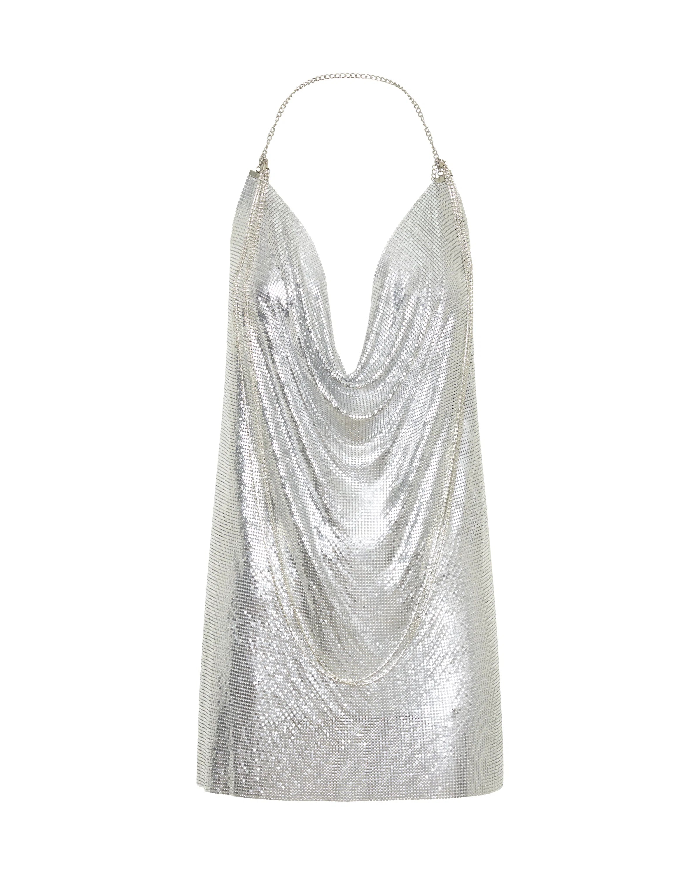 Elysian Collective One Teaspoon Supernova Glomesh Cowl Neck Mini Dress Silver