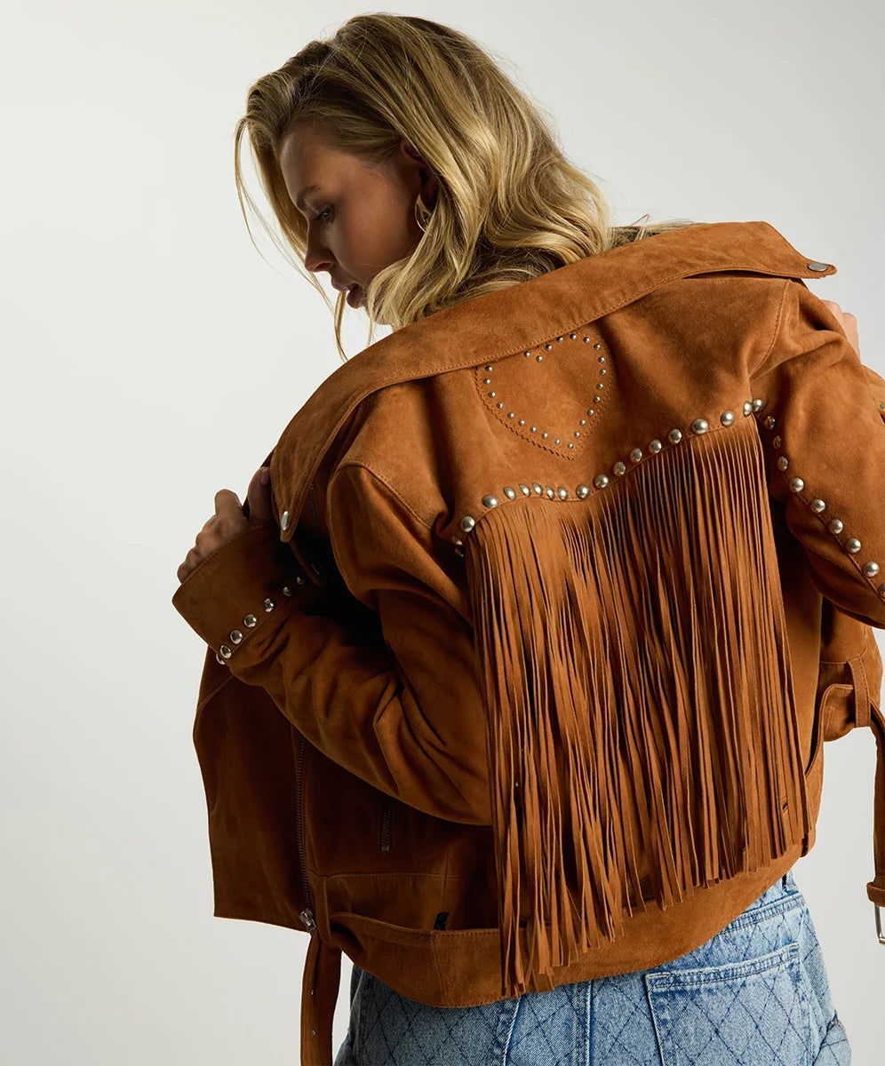 Elysian Collective One Teaspoon Whiskey Fringed Studded Suede Jacket Brown