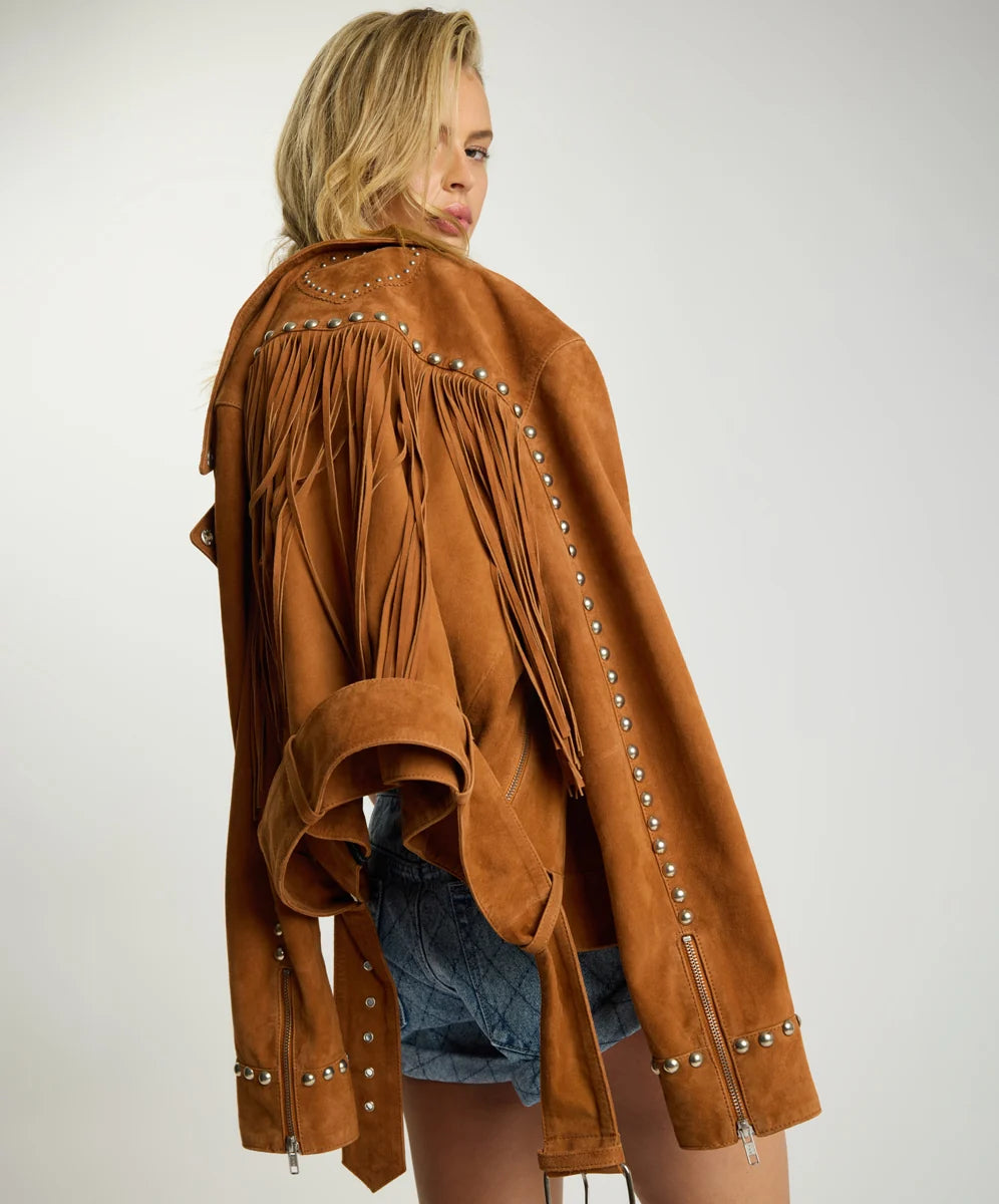 Elysian Collective One Teaspoon Whiskey Fringed Studded Suede Jacket Brown