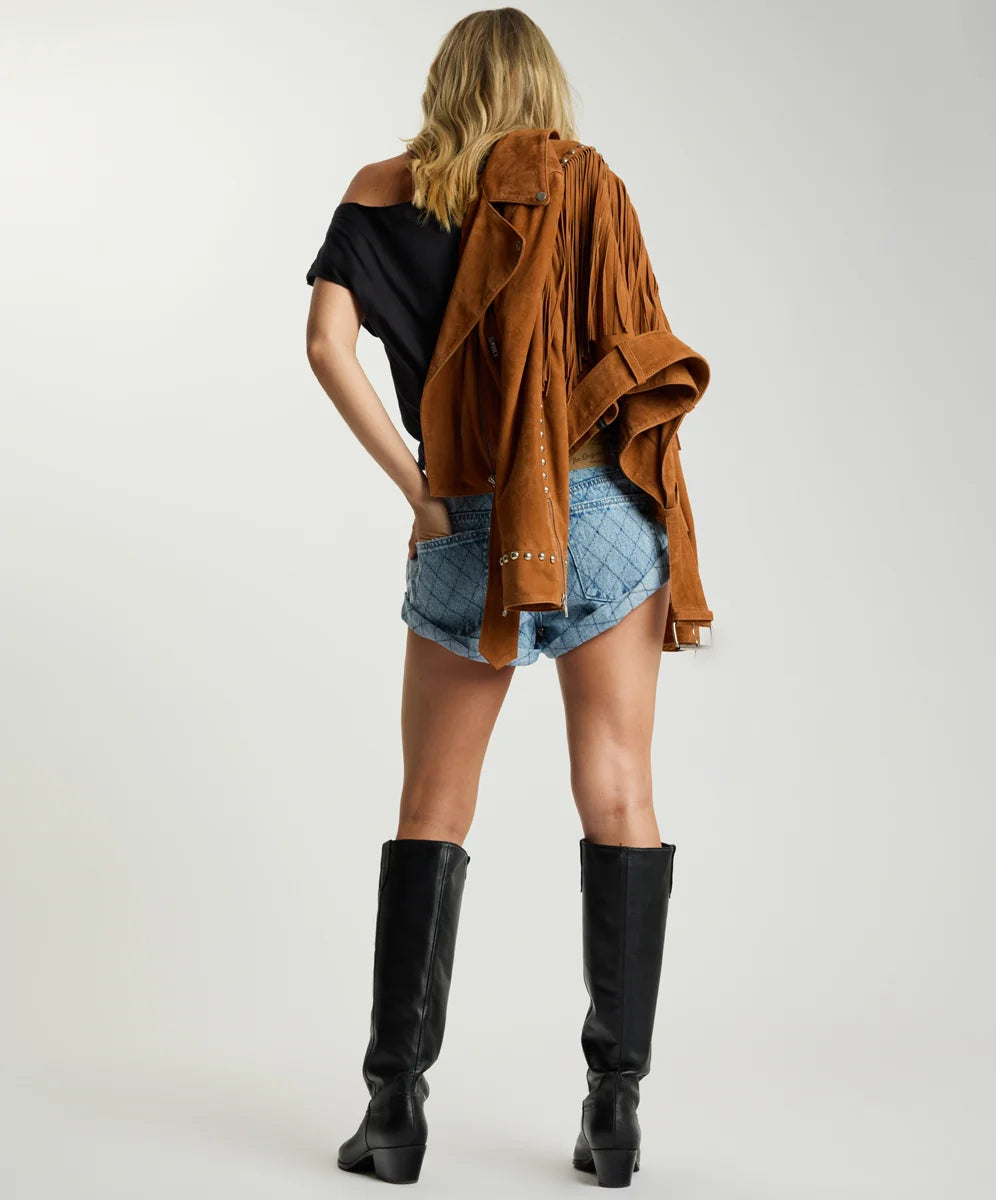 Elysian Collective One Teaspoon Whiskey Fringed Studded Suede Jacket Brown