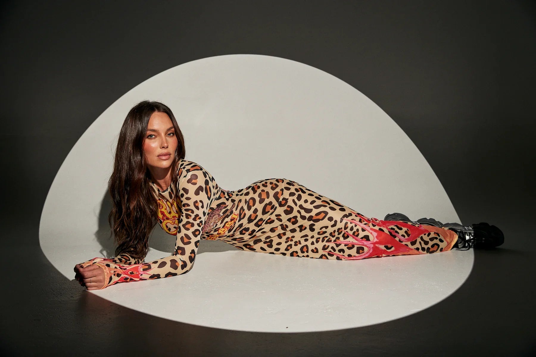 Elysian Collective Pantera Mesh Long Sleeve Maxi Dress Leopard Flames