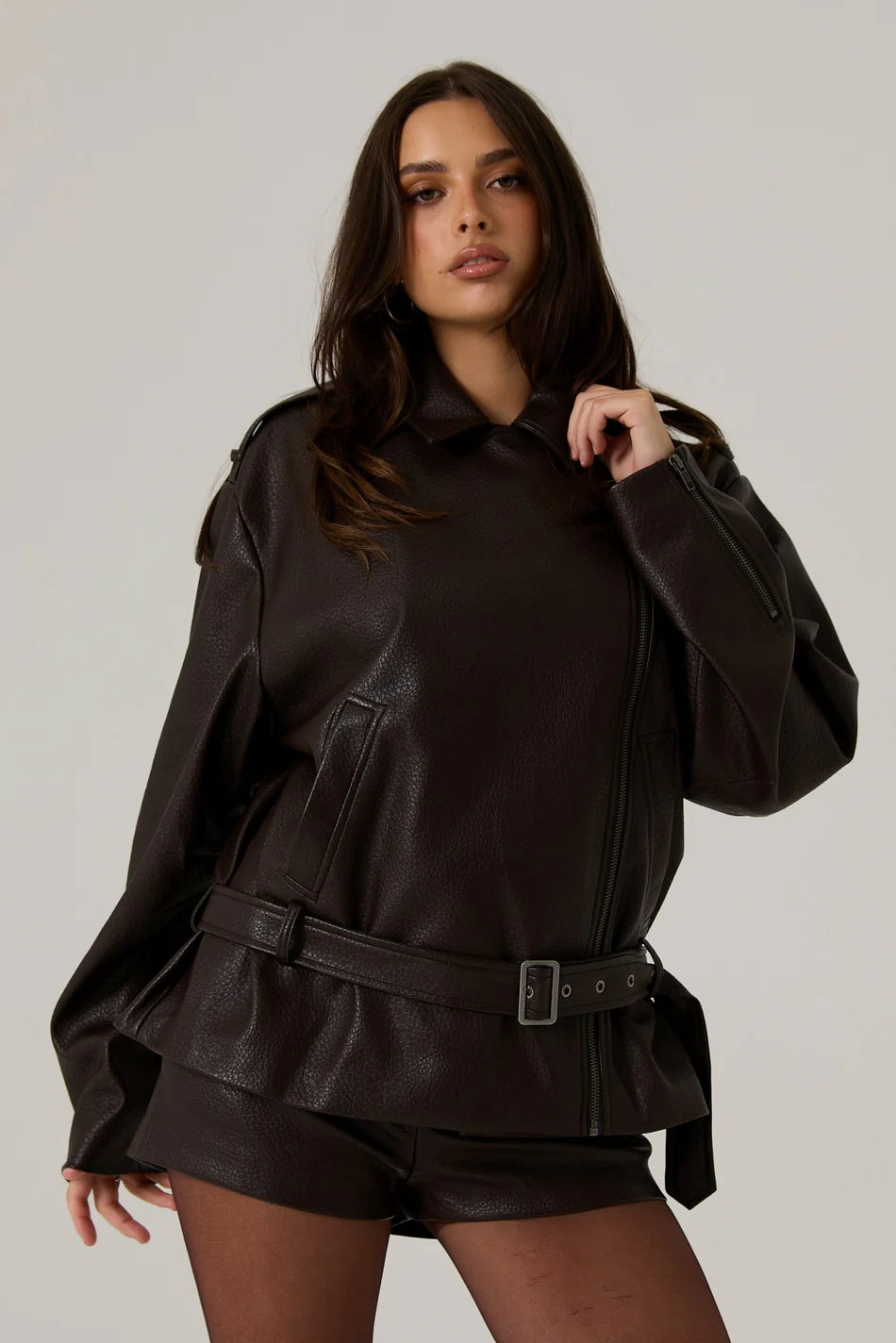 Elysian Collective Raef The Label Berkley Vegan Leather Biker Jacket Dark Truffle