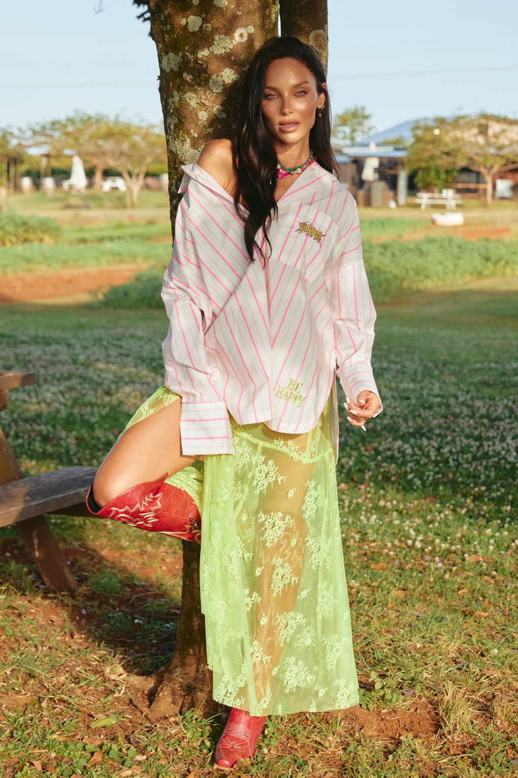 Elysian Collective Sabbi The Lace Maxi Skirt Chartreuse