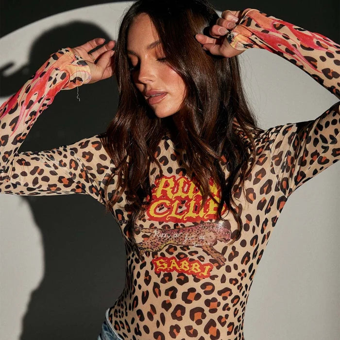 Elysian Collective Sabbi Run Club Animal Mesh Top Leopard Flames