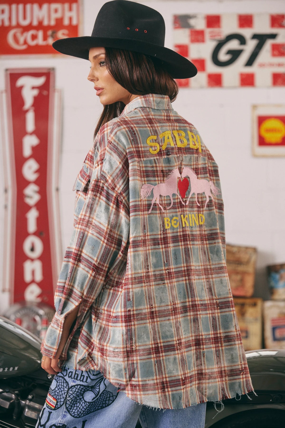 Elysian Collective Sabbi The Horsepower Distressed Flannel Shirt Burgundy