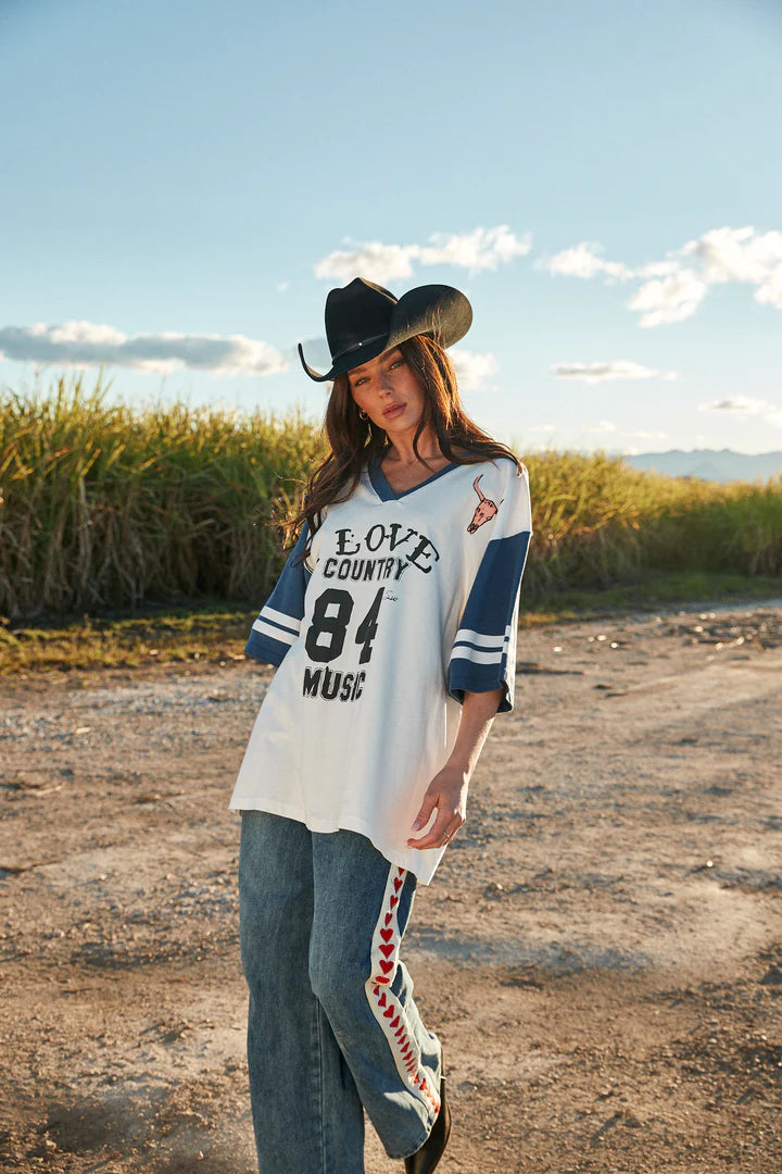 Elysian Collective Sabbi The Very Oversized Country Music V Neck Tee Marshmallow Blue