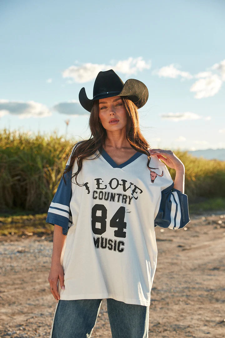 Elysian Collective Sabbi The Very Oversized Country Music V Neck Tee Marshmallow Blue