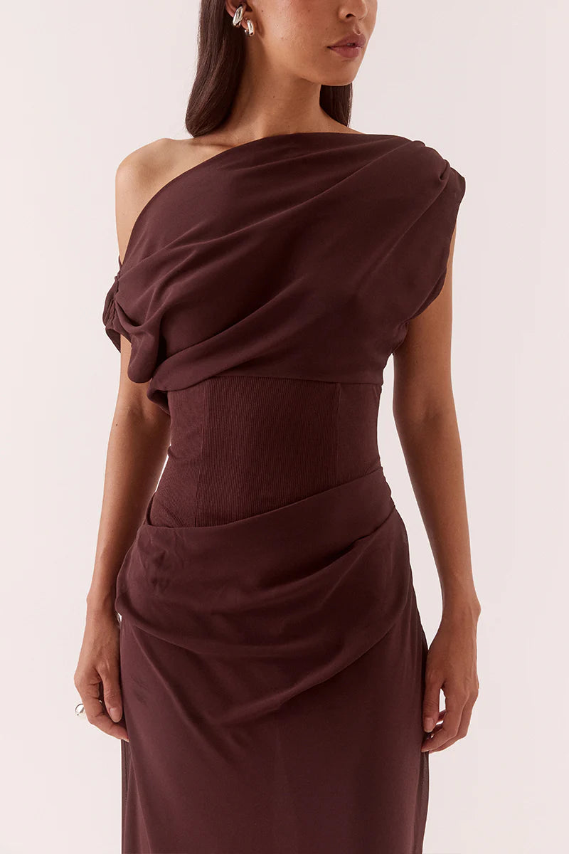 Elysian Collective Sovere Studio Ada Off Shoulder Dress Chocolate