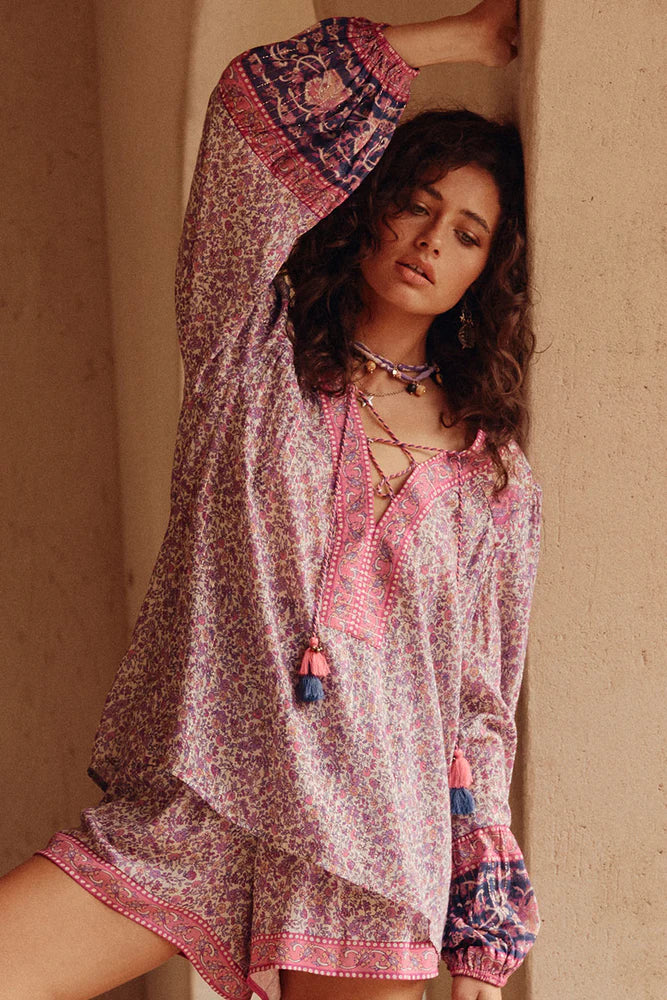 Elysian Collective Spell Little Bird Lace Up Blouse Berry