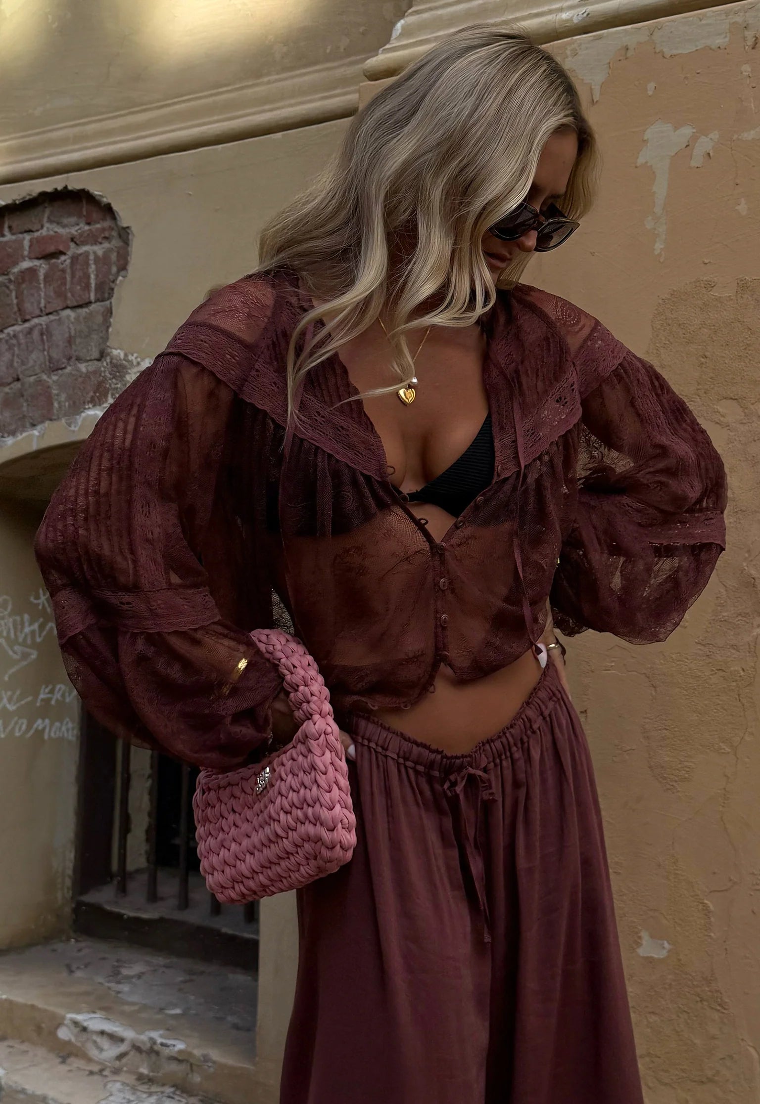Elysian Collective Spell Teodora Lace Blouse Fudge
