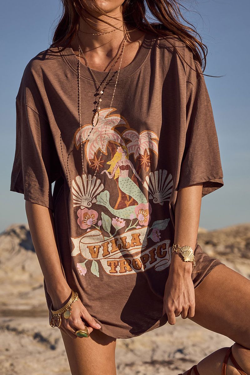Elysian Collective Spell Villa Tropic Oversized Biker Tee Coffee