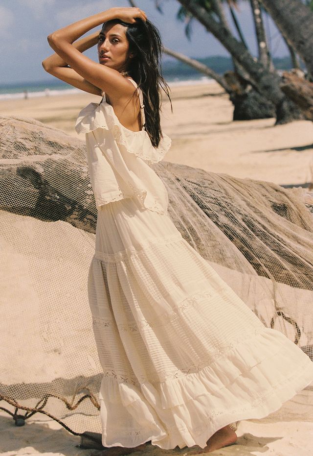 Elysian Collective Spell Ines Tiered Maxi Skirt Light Sand