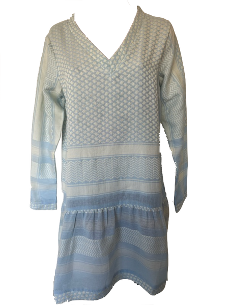 CECILIE COPENHAGEN Dress 2 V Neck Long Sleeves Ballad Blue Whisper White