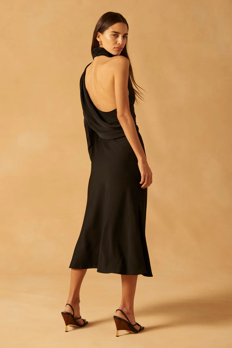 Elysian Collective Misha Georgetta Satin Midi Dress Black