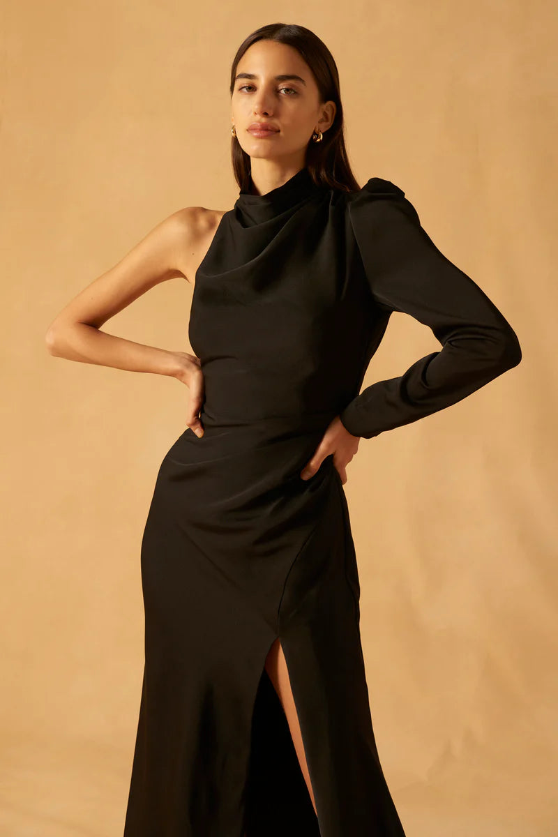 Elysian Collective Misha Georgetta Satin Midi Dress Black