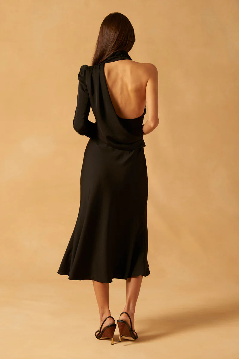 Elysian Collective Misha Georgetta Satin Midi Dress Black