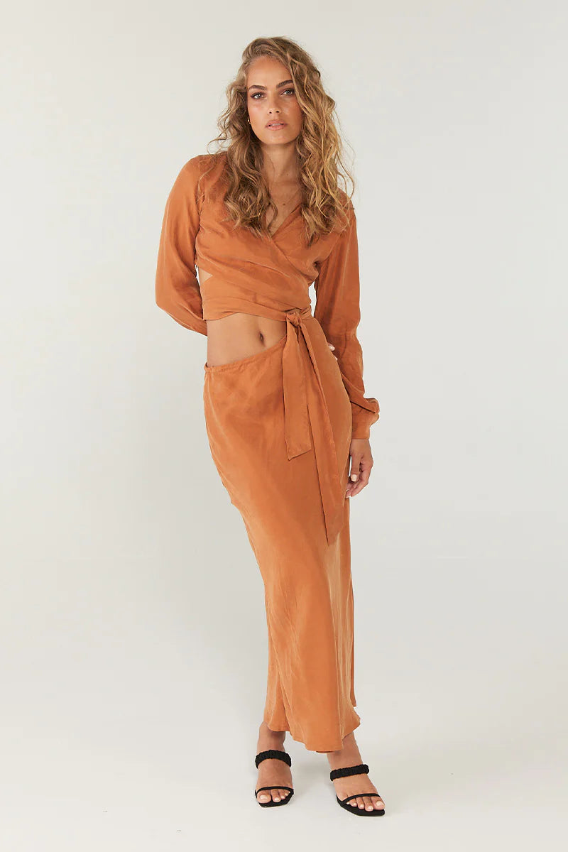 Elysian Collective Sovere Studio Encore Wrap and Tie Midi Dress Copper