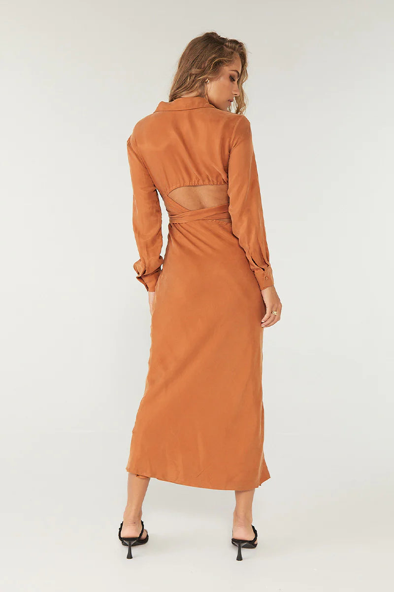 Elysian Collective Sovere Studio Encore Wrap and Tie Midi Dress Copper
