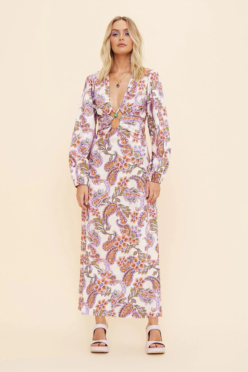 Sienna Long Sleeve Keyhole Front Maxi Dress, White Paisley / S / au