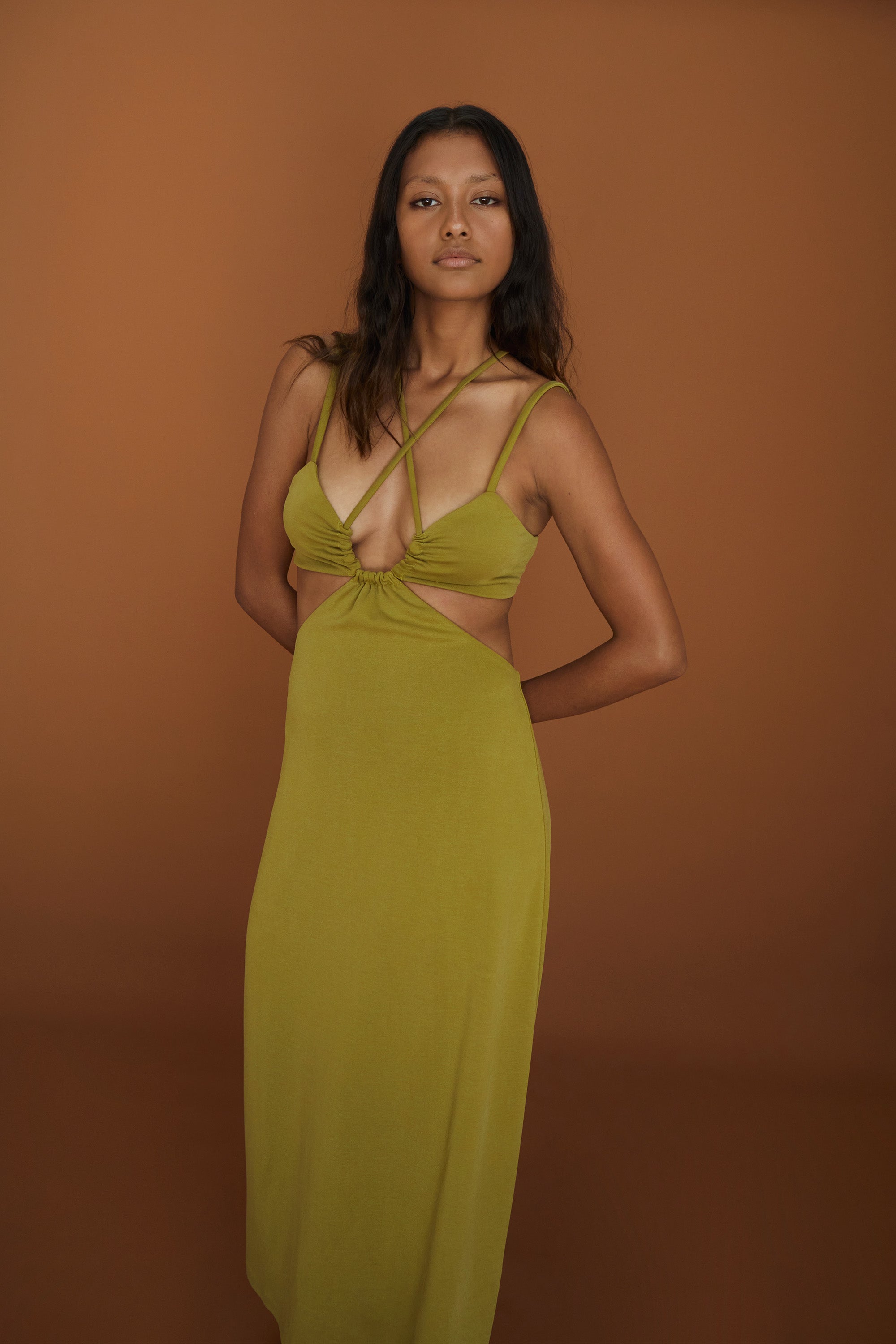 Elysian Collective Third Form Double Crossed Midi Dress Charteuse