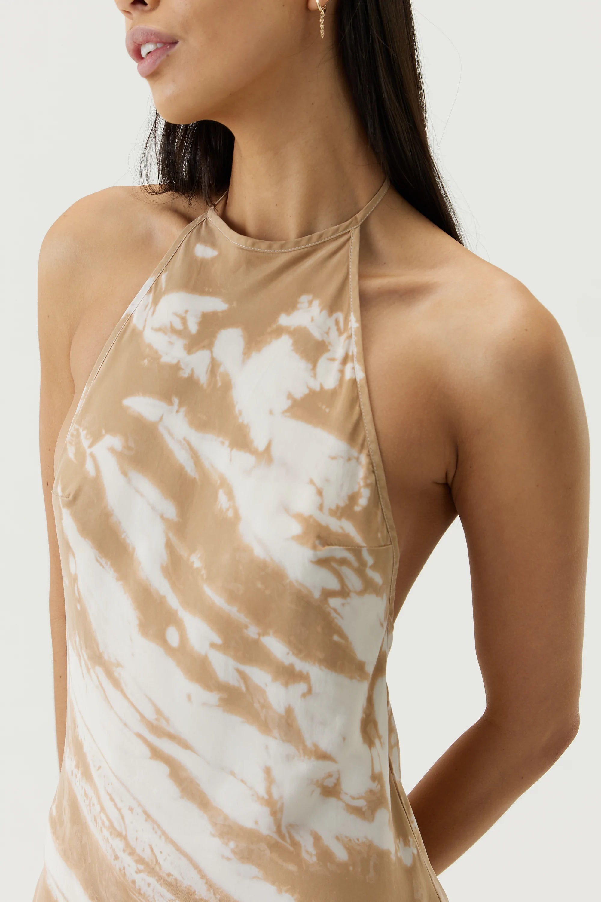Elysian Collective Third Form Twist Through Bias Halter Midi Tan Tie Dye